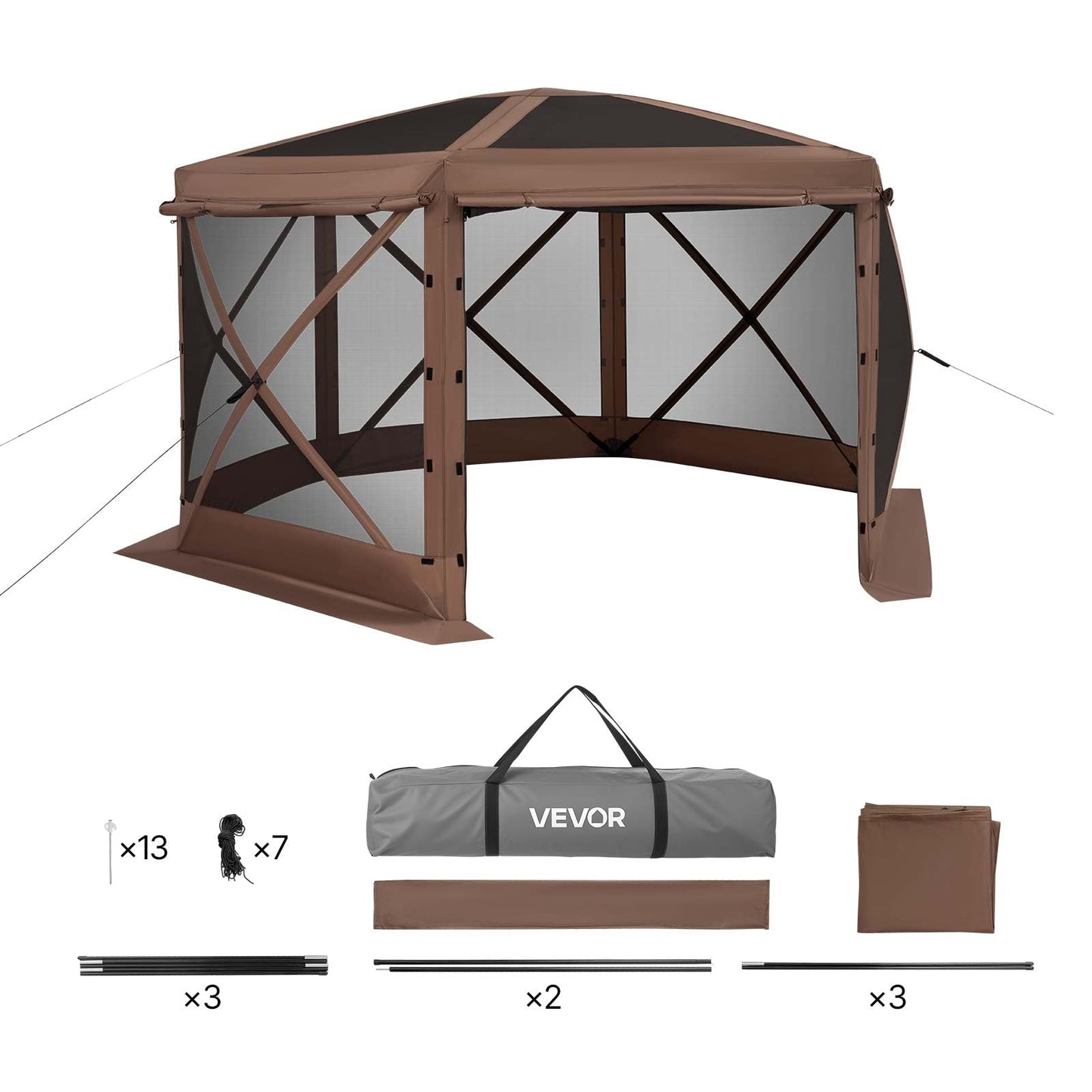 VEVOR Pop up Gazebo Screen Tent, 12 x 12 ft Large 6-Sided Camping Canopy Tent with Removable Top & Carry Bag, Quick-Set & Bite-Proof, Screen House Sun Shelter for 8-10 Persons Backyard Patio, Brown