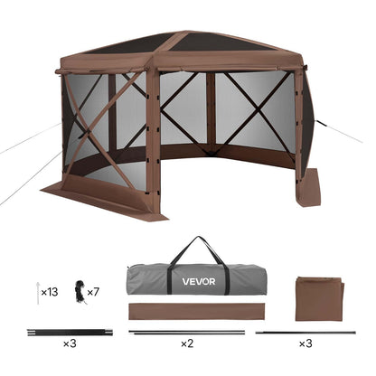 VEVOR Pop up Gazebo Screen Tent, 12 x 12 ft Large 6-Sided Camping Canopy Tent with Removable Top & Carry Bag, Quick-Set & Bite-Proof, Screen House Sun Shelter for 8-10 Persons Backyard Patio, Brown