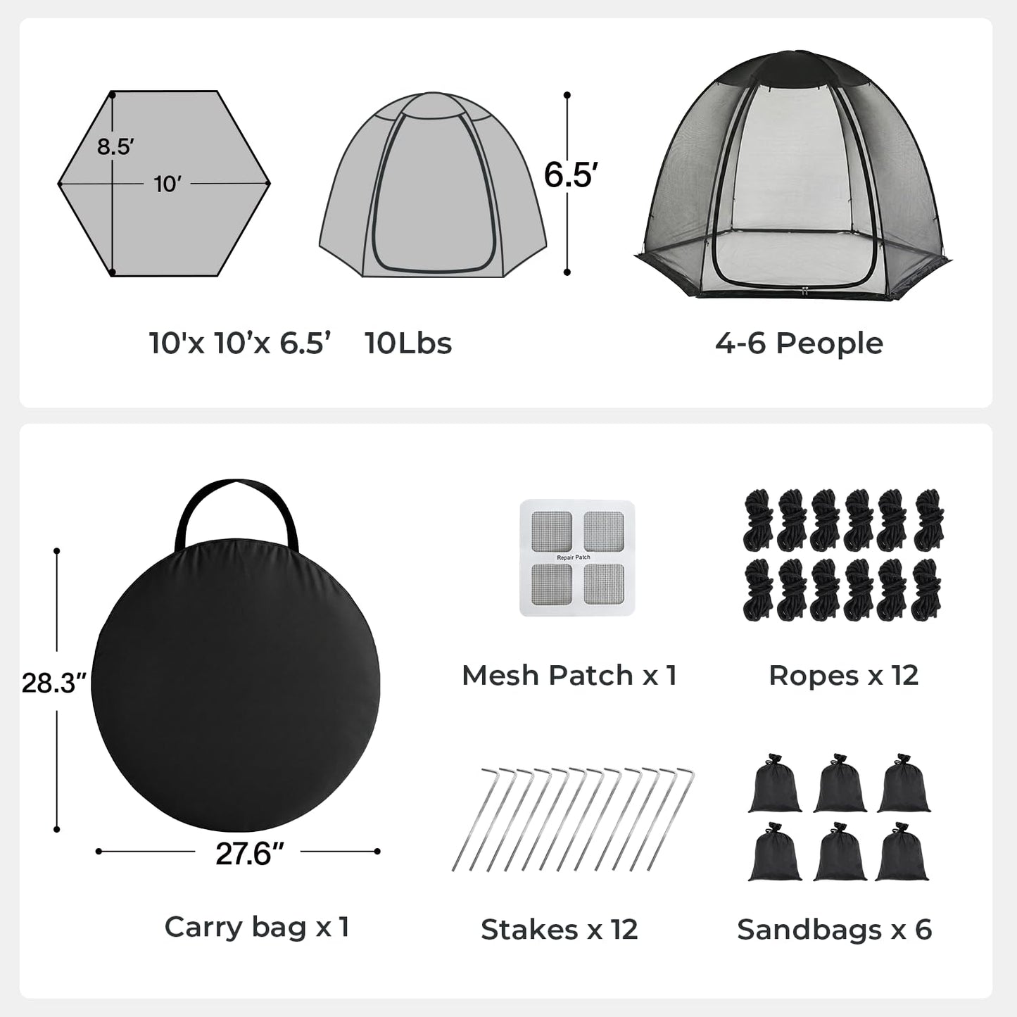 Alvantor® Pop Up Screen House Tent 10x10 FT, Snap-fit Black Mesh Screen Gazebo with Peaked Roof, Portable Screen Room Canopy Shelter with Sandbags for Camping, Backyard, Picnic