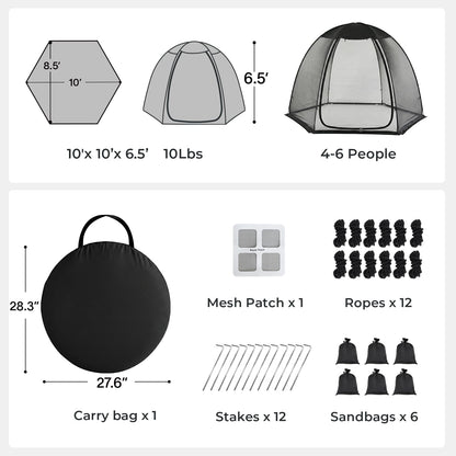Alvantor® Pop Up Screen House Tent 10x10 FT, Snap-fit Black Mesh Screen Gazebo with Peaked Roof, Portable Screen Room Canopy Shelter with Sandbags for Camping, Backyard, Picnic