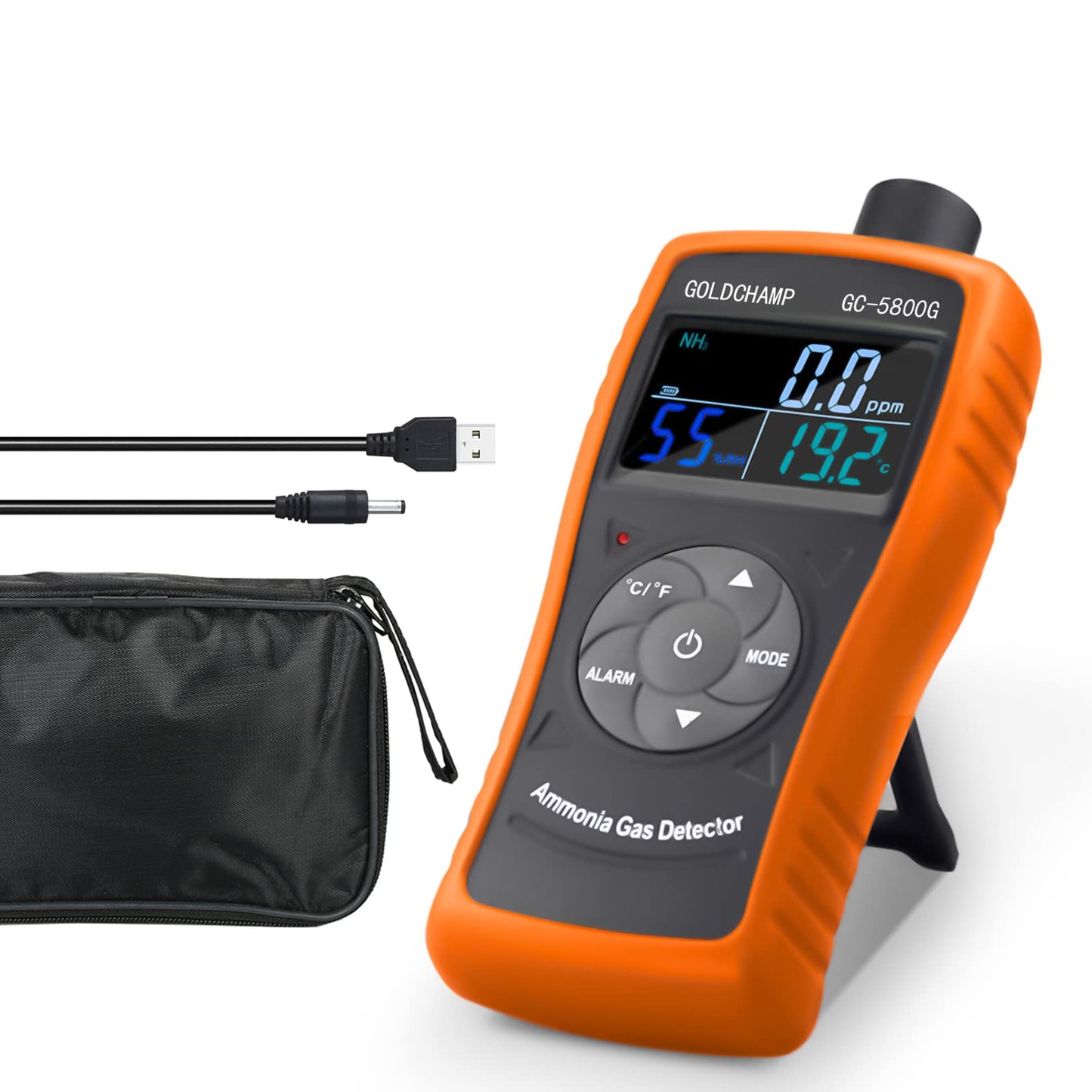 GOLDCHAMP Ammonia Gas Detector 0~100ppm NH3 Monitor with 0.1ppm Resolution, Temperature(℉/℃), Humidity, LCD Display, Double Alarm, Tripod Hole for Farm, Poultry, Pig & Livestock