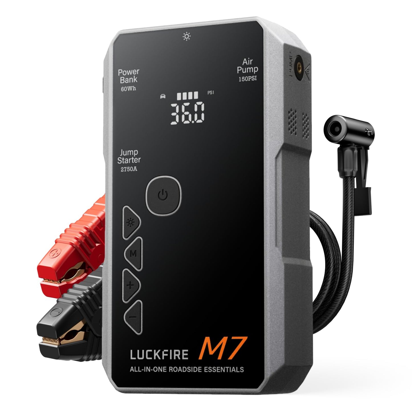 LUCKFIRE M7 SmartIgnition Jump Starter with Air Compressor, TÜV Certified 12V Car Battery Booster Pack, Portable Tire Inflator, Jump Box, 60Wh Power Bank, for 10L Gas and 8.5L Diesel