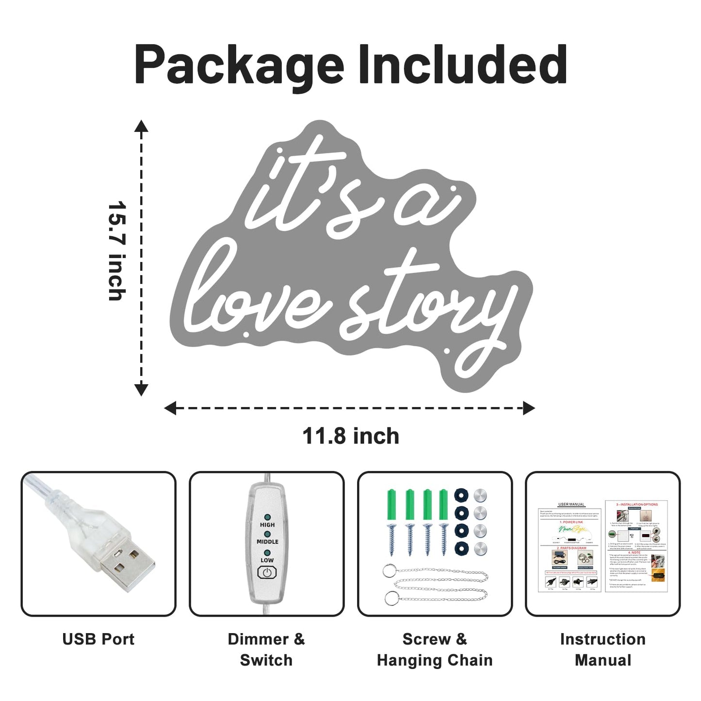 Its a Love Story Neon Sign, Warm White USB Led Light Up Signs for Bedroom Aesthetic Birthday Wedding Party Gift Boyfriend Girlfriend Lover Women Men Room Bathroom Decoration Gift, 15.7 x 11.8 Inch