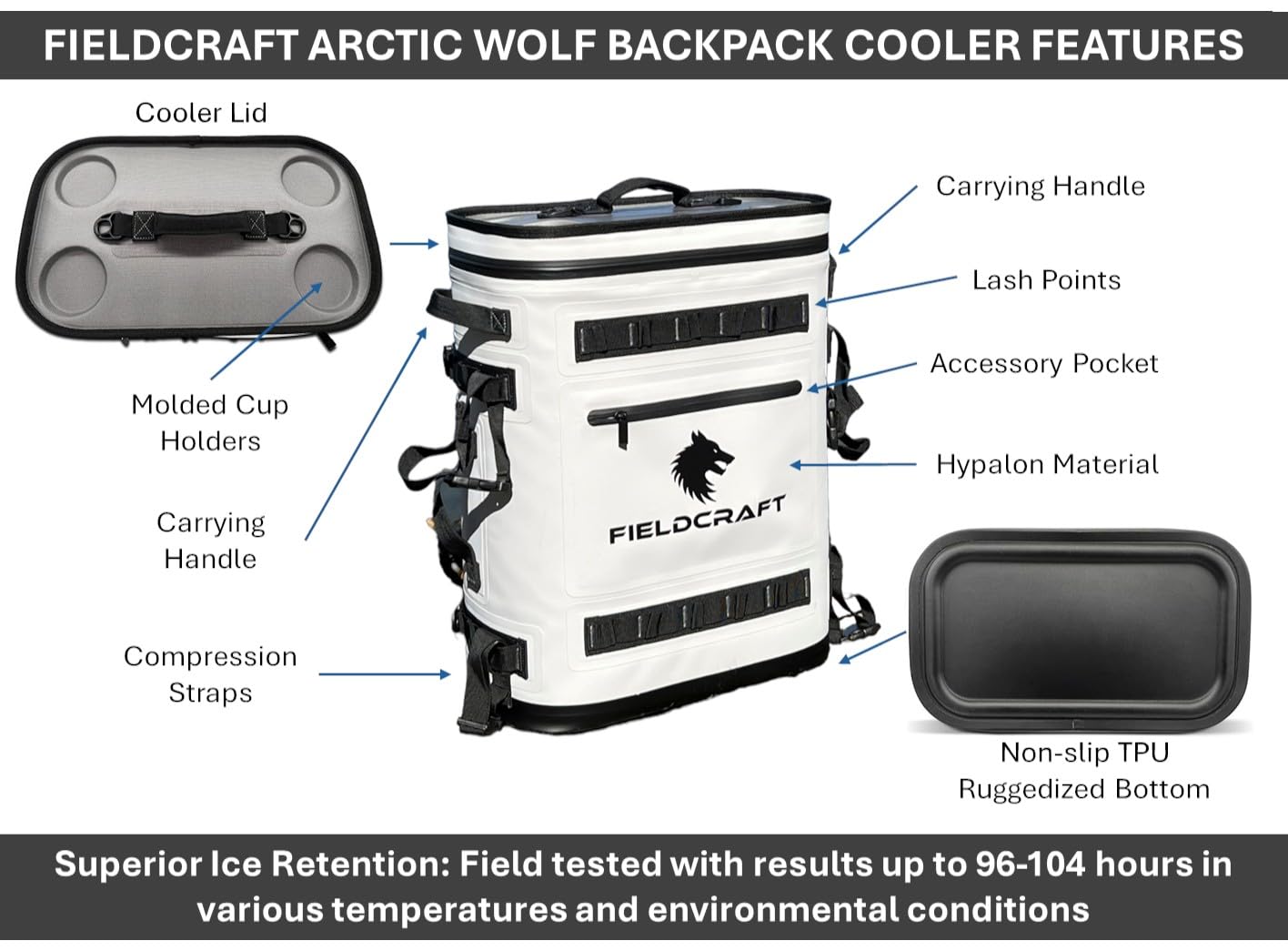 Hypalon TPU Insulated Cooler Backpack Leakproof Waterproof Cooler Bag, Arctic Wolf by Fieldcraft for Travel Sports, Beach, Outdoor Activities, Fishing, Hiking, Camping, and Hunting,