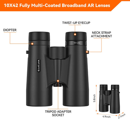 VOTJPYS 10x42 ED Binoculars for Adults, High Powered Waterproof Binoculars with ED Glass, Super Bright Clear Vision for Bird Watching, Hiking, Wildlife Viewing, and Outdoor Activities