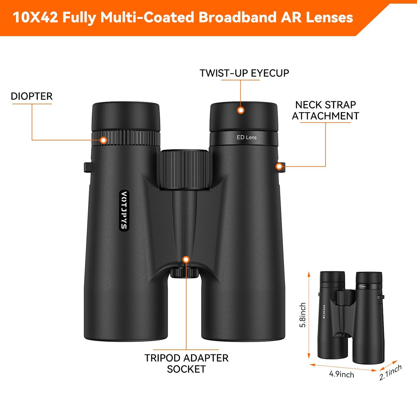 VOTJPYS 10x42 ED Binoculars for Adults, High Powered Waterproof Binoculars with ED Glass, Super Bright Clear Vision for Bird Watching, Hiking, Wildlife Viewing, and Outdoor Activities