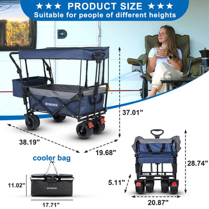 SKYMANOR Collapsible Wagon with Removable Canopy, 3-in-1 Heavy Duty Garden Cart with Big All-Terrain Wheels, Brakes, Adjustable Push Pull Handle, Cooler Bag, 300LBS Wagon Cart for Camping (Blue)