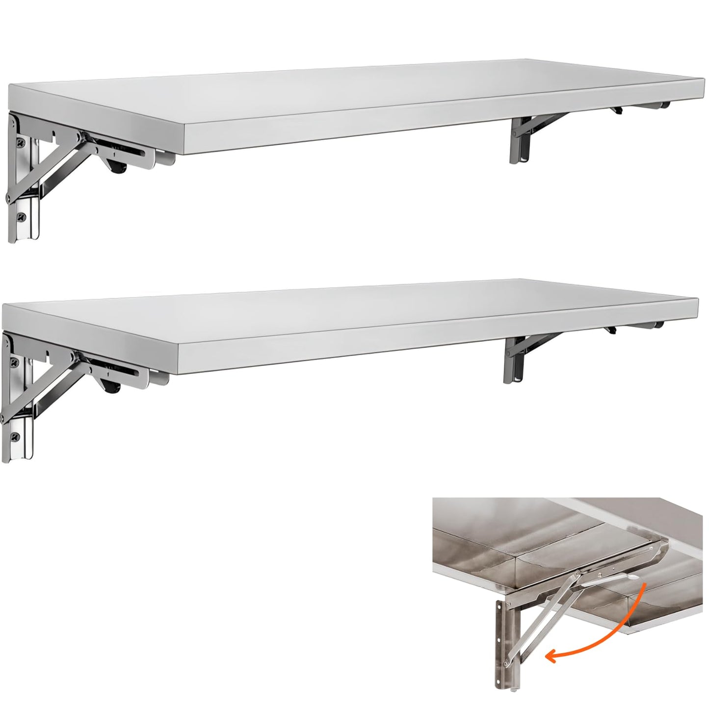 SWOTCATER Stainless Steel Folding Concession Shelf 2 Pack 12" x 48", Drop Down Folding Wall Shelves, Heavy Duty Foldable Wall Mount Shelving for Concession Windows, Food Truck