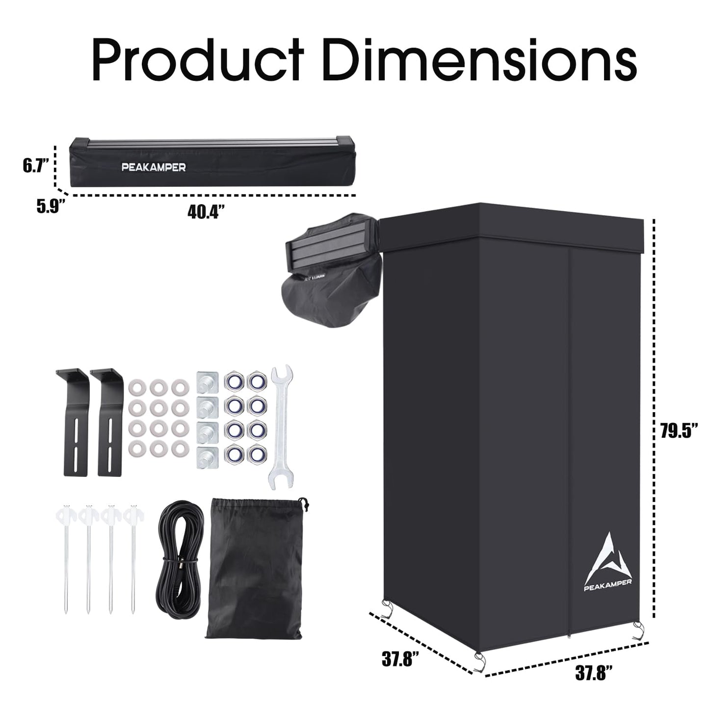 Peakamper Awning Shower Tent with Swing Arm Privacy Roof, Vehicle Side Shower Room LED Light, 3ft x 3ft Camping Privacy Shelter Restroom Bathroom, UV-Resistant Waterproof Storage