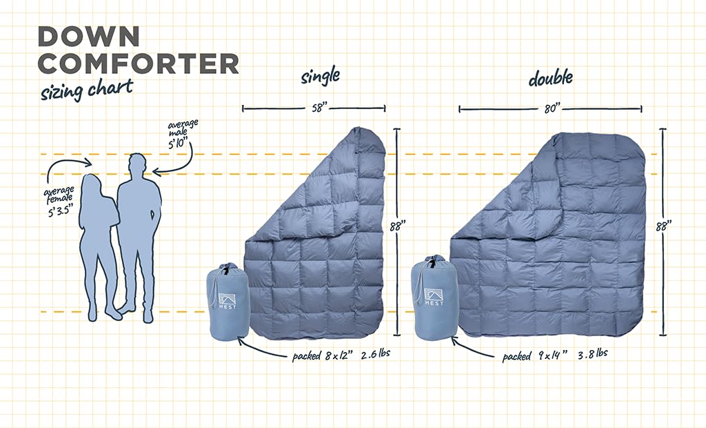 HEST Packable Down Comforter for Camping, Double Size - Warm Outdoor Puffy Blanket, Down Blanket with 50-L Tote, Hydrophobic Duck Down - Perfect for Hiking, Camping, Backpacking & Outdoor Adventures