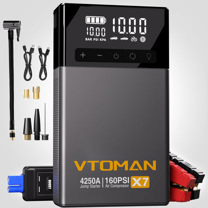 VTOMAN X7 Jump Starter with Air Compressor, 4250A&160PSI Pickup Trucks & Suvs Battery Car Jumper Starter Portable(10L Gas/10L Diesel) with Auto-Shutoff Tire Inflator, 12V Lithium Booster Box, QC3.0