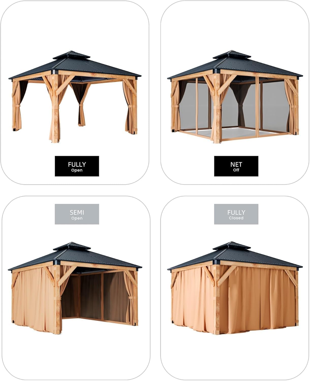 10x10FT Heavy Duty Hardtop Wood Gazebo, Double Metal Roof, Reinforced Spruce Structure, Waterproof Pergola Pavilion with Curtains & Mosquito Net for Outdoor Patio, Deck, Yard