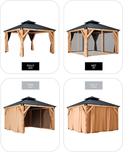 10x10FT Heavy Duty Hardtop Wood Gazebo, Double Metal Roof, Reinforced Spruce Structure, Waterproof Pergola Pavilion with Curtains & Mosquito Net for Outdoor Patio, Deck, Yard