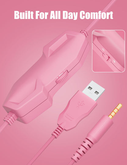 ZIUMIER Gaming Headset with Detachable Cat Ears, Compatible with PS4 PS5 Xbox One PC Laptop, Over-Ear Headphones with LED Light, Noise Canceling Mic, Stereo Surround Sound (Pink Cat)