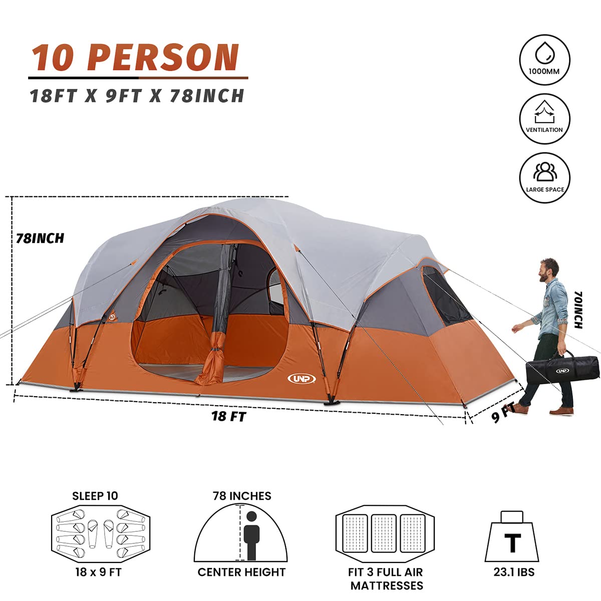 UNP Camping Tent 10-Person Family Tents, Big, Easy up, 5 Large Mesh Windows, Double Layer, 2 Room, Waterproof, Weather Resistant, 18ft x 9ft x78in (Orange)
