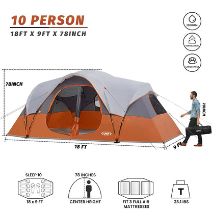 UNP Camping Tent 10-Person Family Tents, Big, Easy up, 5 Large Mesh Windows, Double Layer, 2 Room, Waterproof, Weather Resistant, 18ft x 9ft x78in (Orange)