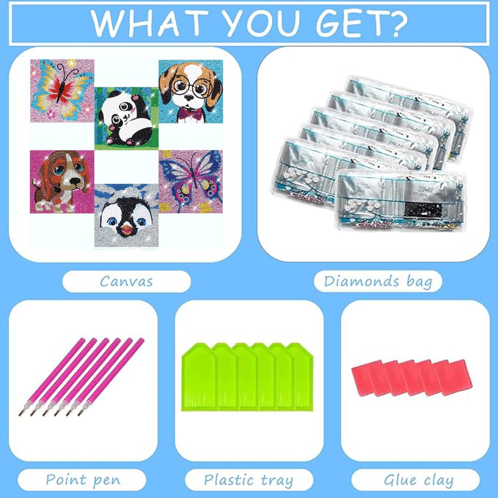 CHWGLFGG 6 Pack Diamond Painting Kits Beginners,5D DIY Diamond Art Kit for Kids 6-8-9-10-12 Girls Boys,Cute Animals Big Gem Art and Crafts,Easy Small Full Drill Painting Kits for Wall Decor 6" X 6"