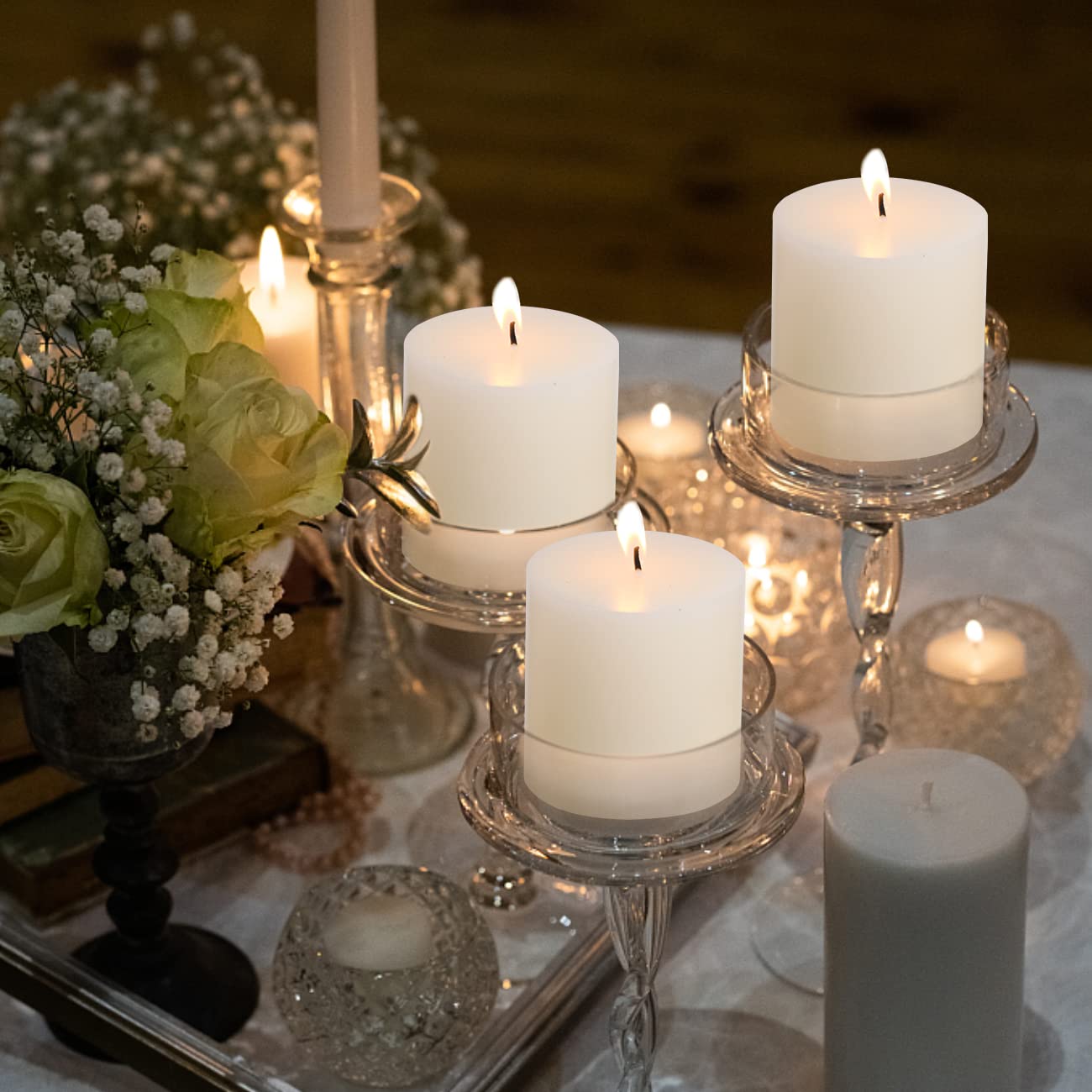 3×3 Ivory Pillar Candles Set of 3 Unscented Handpoured Weddings, Home Decoration, Restaurants, Spa, Church Smokeless Cotton Wick - Ivory 90 Hour