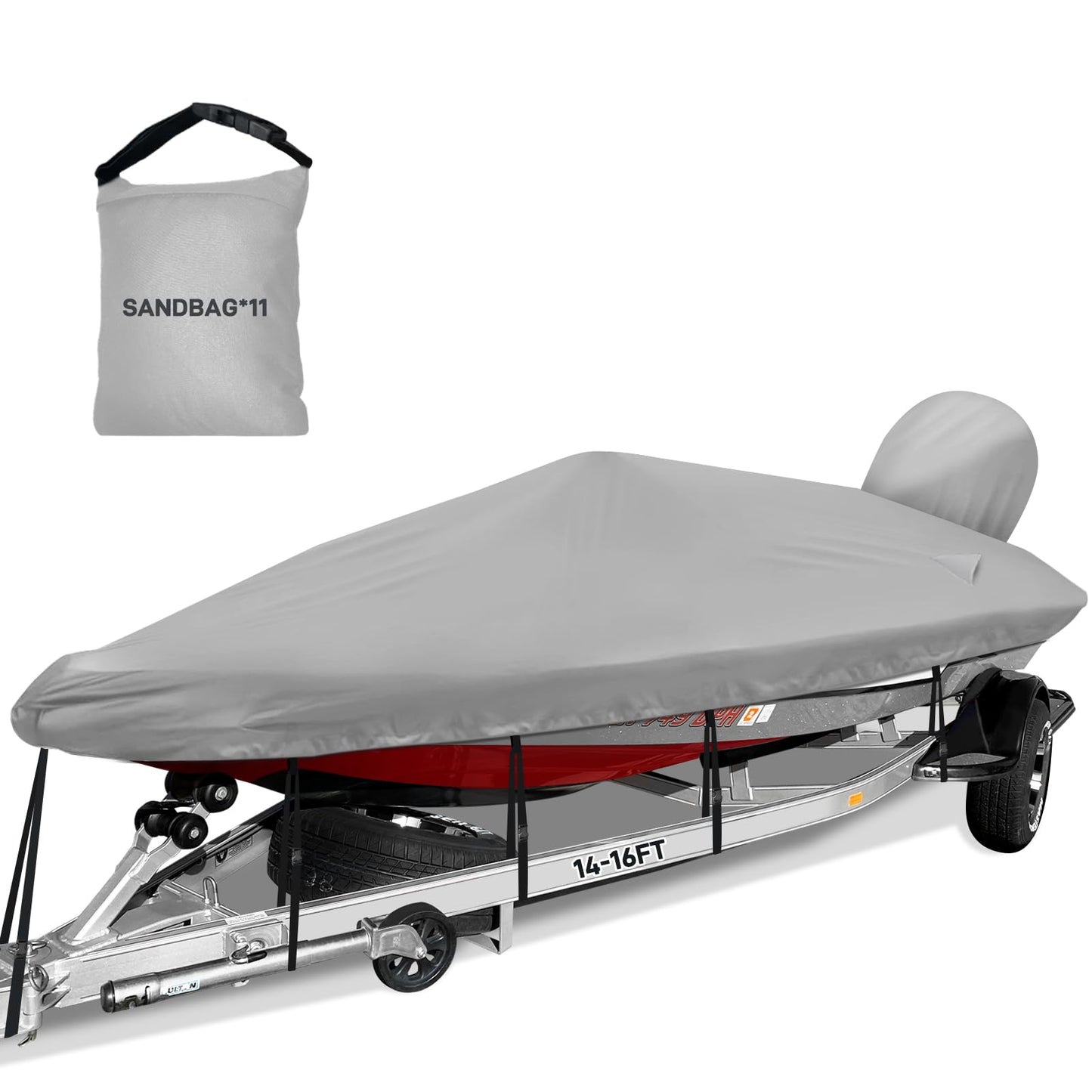 Caminor Boat Cover 14-15.8ft, Bass Tracker Boat Cover with Sand Bag Mooring Kit, 1200D Marine Canvas Waterproof Heavy Duty Boat Covers for 14 feet 15ft 16' V Hull Bass & Runabout Boat,Gray