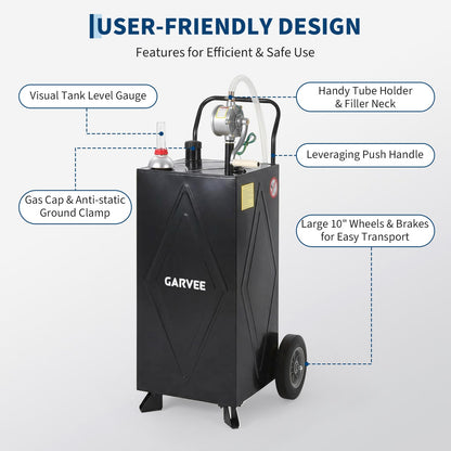 30 Gallon Fuel Gas Caddy Storage Tank, Portable Gas Caddy w/ Wheels, Reversible Manual Hand Pump & Fuel Hose, Anti-Static Grounding Clamp, Vent/Level Gauge, Wide Fill Neck, Gasoline/Diesel Transfer for ATV, Car, Mower, Tractor, Boat