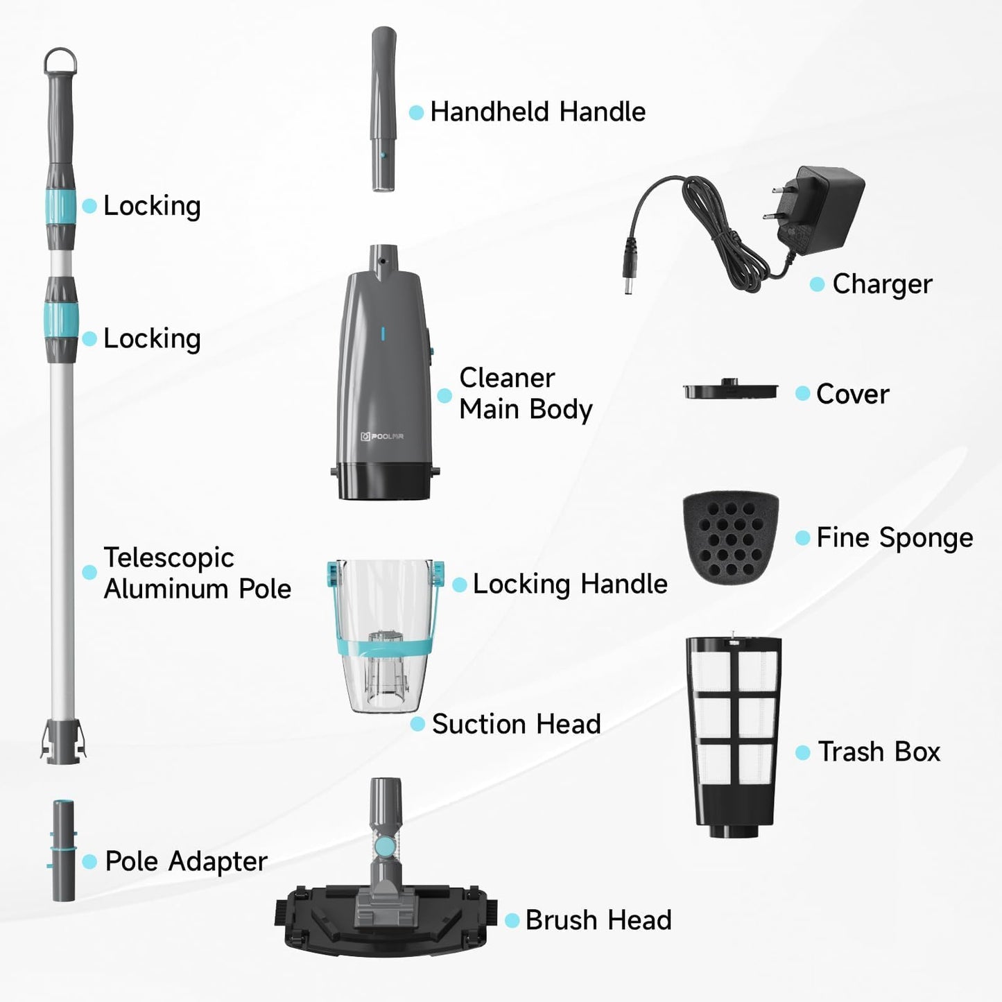 PoolMr Cordless Handheld Pool Vacuum For Above & Inground Pools, with 18.5 Gal/Min Suction, 60 Min Runtime, Dual-Phase Cleaning System,65in Telescopic Pole, for Spas & Hot Tubs, Charcoal (New Version)