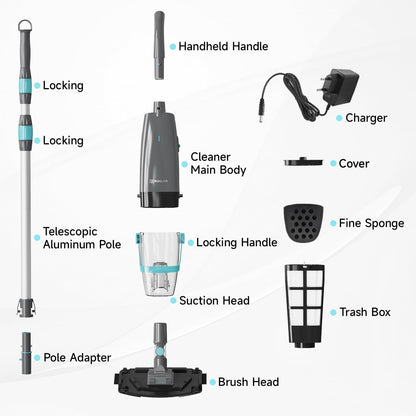 PoolMr Cordless Handheld Pool Vacuum For Above & Inground Pools, with 18.5 Gal/Min Suction, 60 Min Runtime, Dual-Phase Cleaning System,65in Telescopic Pole, for Spas & Hot Tubs, Charcoal (New Version)