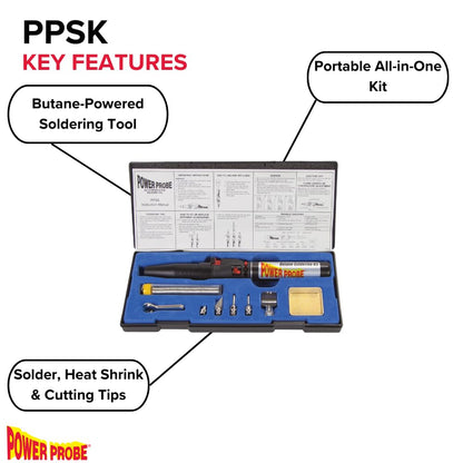 POWER PROBE Butane Soldering Kit (PPSK) [Automotive Diagnostic Car Test Tool, Easy Start Electronic Ignition, Adjustable Flame, with Multiple Tips, Black