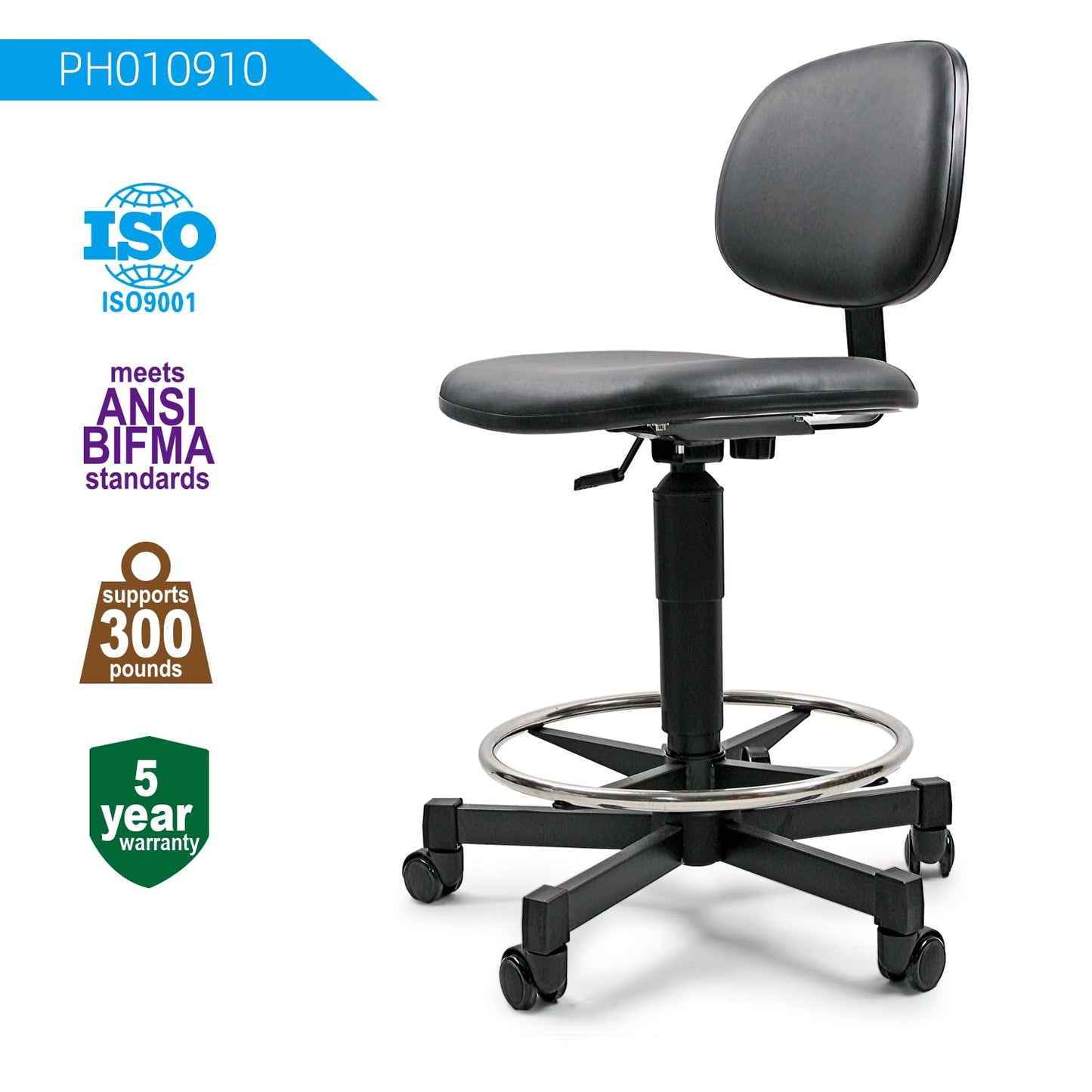 SigmaForce Ergonomic PU Leather Drafting Chair, 21"-31" Adjustable Height, 18" Footring, Padded Sponge Seat, 300 lb Capacity, Comfortable Back Support Task Stool for Lab, Workshop and Home Office