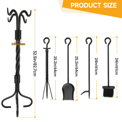 Nouetele 5-Piece Fireplace Tools Set Wrought Iron - NO Assembly - Heavy Duty 32" Solid Steel Fire Poker Set for Outdoor Fire Pit & Wood Stove - Fire Place Set with Tongs, Shovel, Brush, Stand