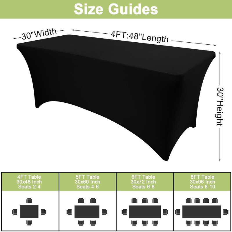 Moosfor Spandex Elastic Fitted 6FT Rectangle Tablecloth, Stretch Washable Reusable Table Cover for Outdoor Picnic, Camping, Dining, Wedding, Banquet & Party Events (Black, 72Lx30Wx30H Inch)