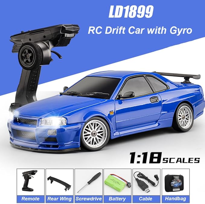 RC Drift Car with Gyro 1/18 Scale LDRC Drift Car Remote Control RWD Hobby Drifting Vehicle 2.4 GHz Proportional Throttle Steering ESP Gyroscope Metal Drive Shaft Alloy Shell Adult LD1899