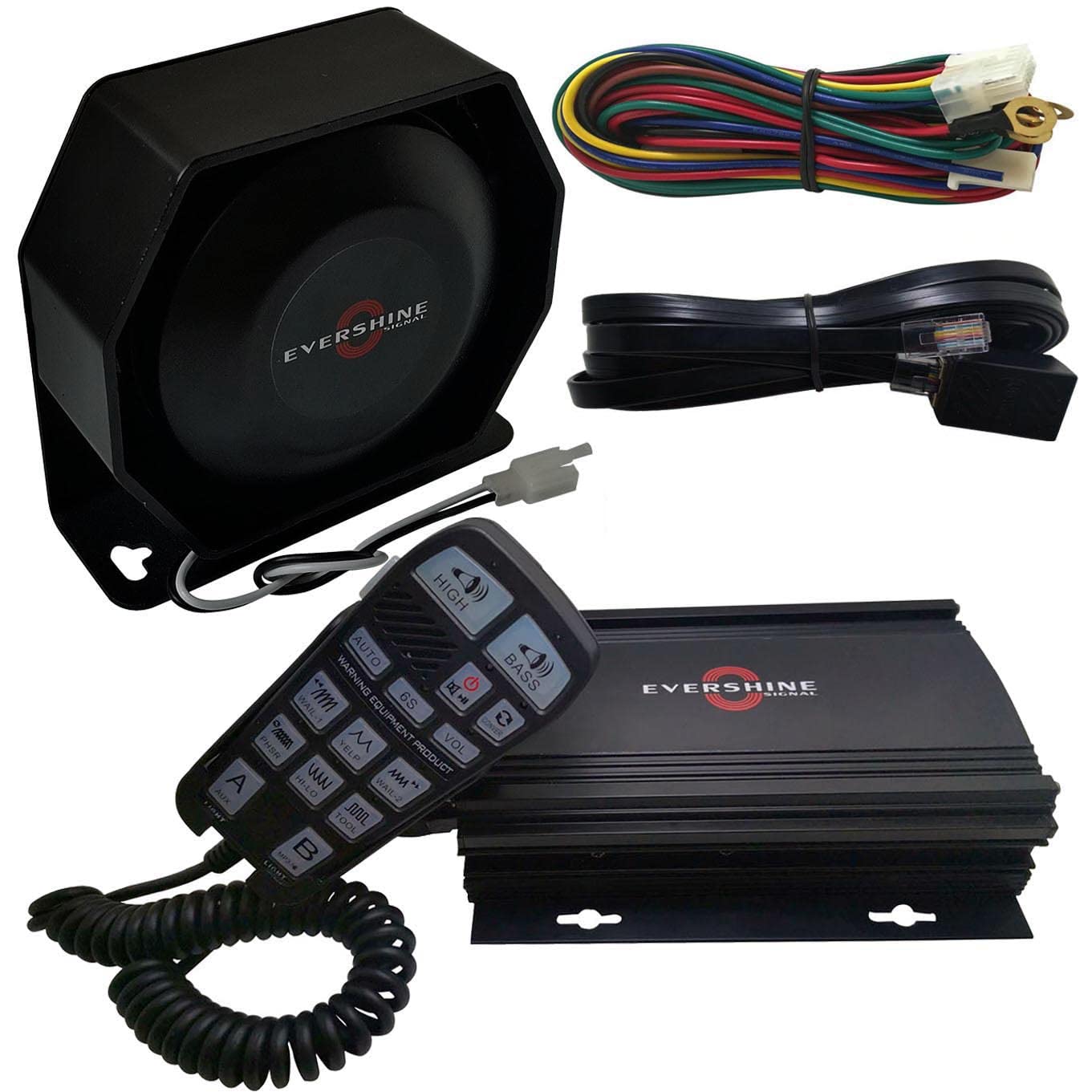 Evershine Signal 12/24V 100W All-in-One Police Siren and Speaker Kit with Multi-Tones Amplifier,118~125dB Speaker, Handheld Microphone PA System, MP3 Play, Recording Function for Vehicles Car Truck