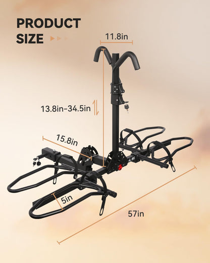 MEEVIZ Bike Rack Hitch with Lock, Platform 2-Bike Rack for Car SUV RV Camper Truck Trailer, Hitch Bike Rack for Fat Tire, Mountain Bikes, EBikes and EMTB, 180 lbs Capacity Bike Carrier for 2" Receiver