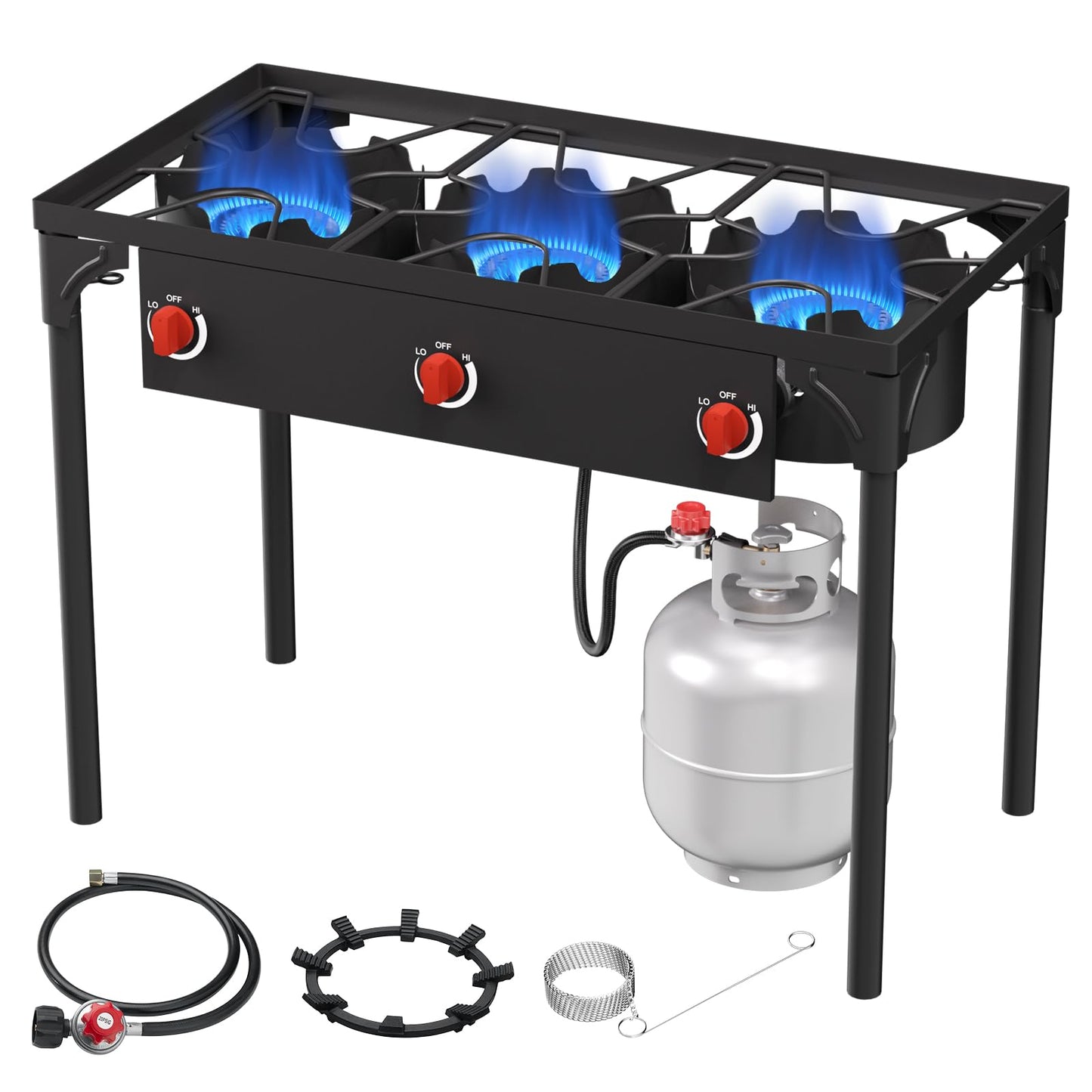 ADREAK High Pressure Propane Burner, 3 Burner Camping Stove with Detachable Legs, 225,000 BTU Propane Gas Stove Burner with 0-20 PSI Regulator for Camping, Tailgating, Backyard, Outdoor Cooking