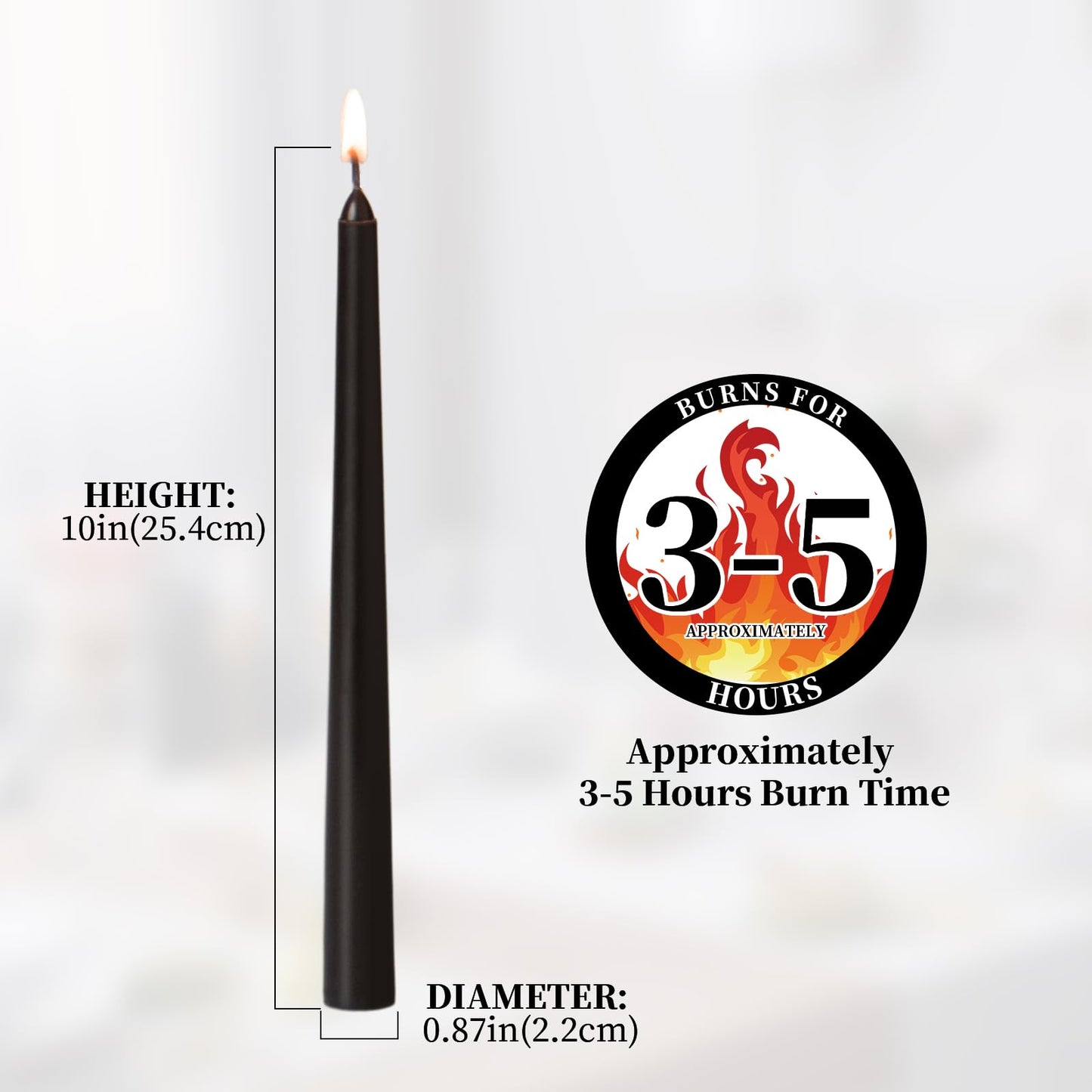 KONNI 0.87×10 Inch Black Taper Candles, Unscented and Smokeless Tall Candlesticks, 10 Pack Halloween Taper Candles with Cotton Wicks, Long Burning, Ideal for Weddings, Dinner Parties, and Home Décor