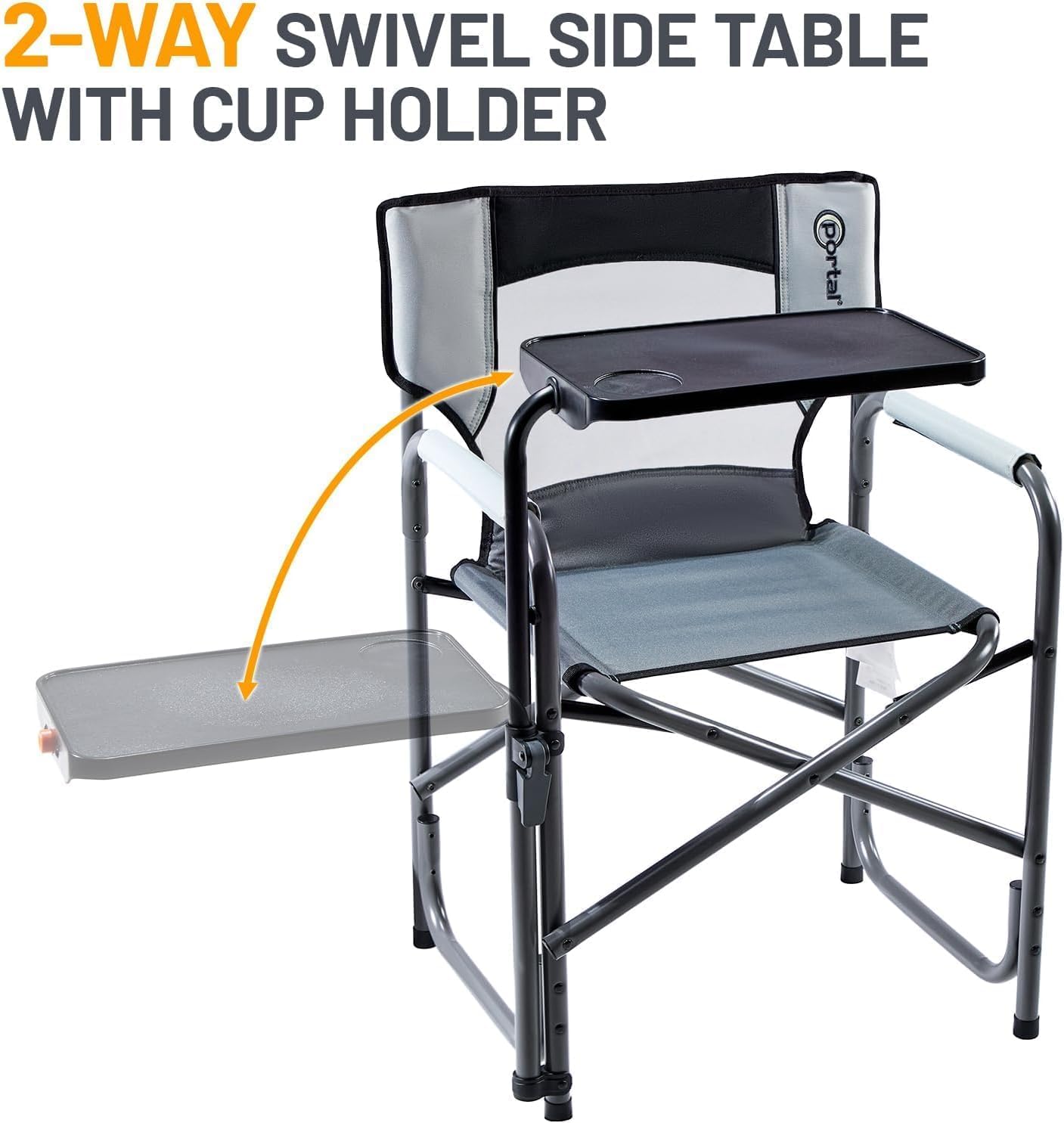Portal Folding Director Chair with 2-Way Rotating Side Table, Heavy Duty 300 lb Camping Chair with Swivel Tray & Cup Holder, Ergonomic Mesh Back Portable Outdoor Seat for RV, Tailgating & Lawn, Grey