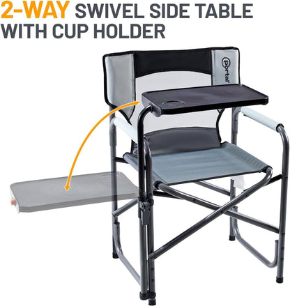 Portal Folding Director Chair with 2-Way Rotating Side Table, Heavy Duty 300 lb Camping Chair with Swivel Tray & Cup Holder, Ergonomic Mesh Back Portable Outdoor Seat for RV, Tailgating & Lawn, Grey