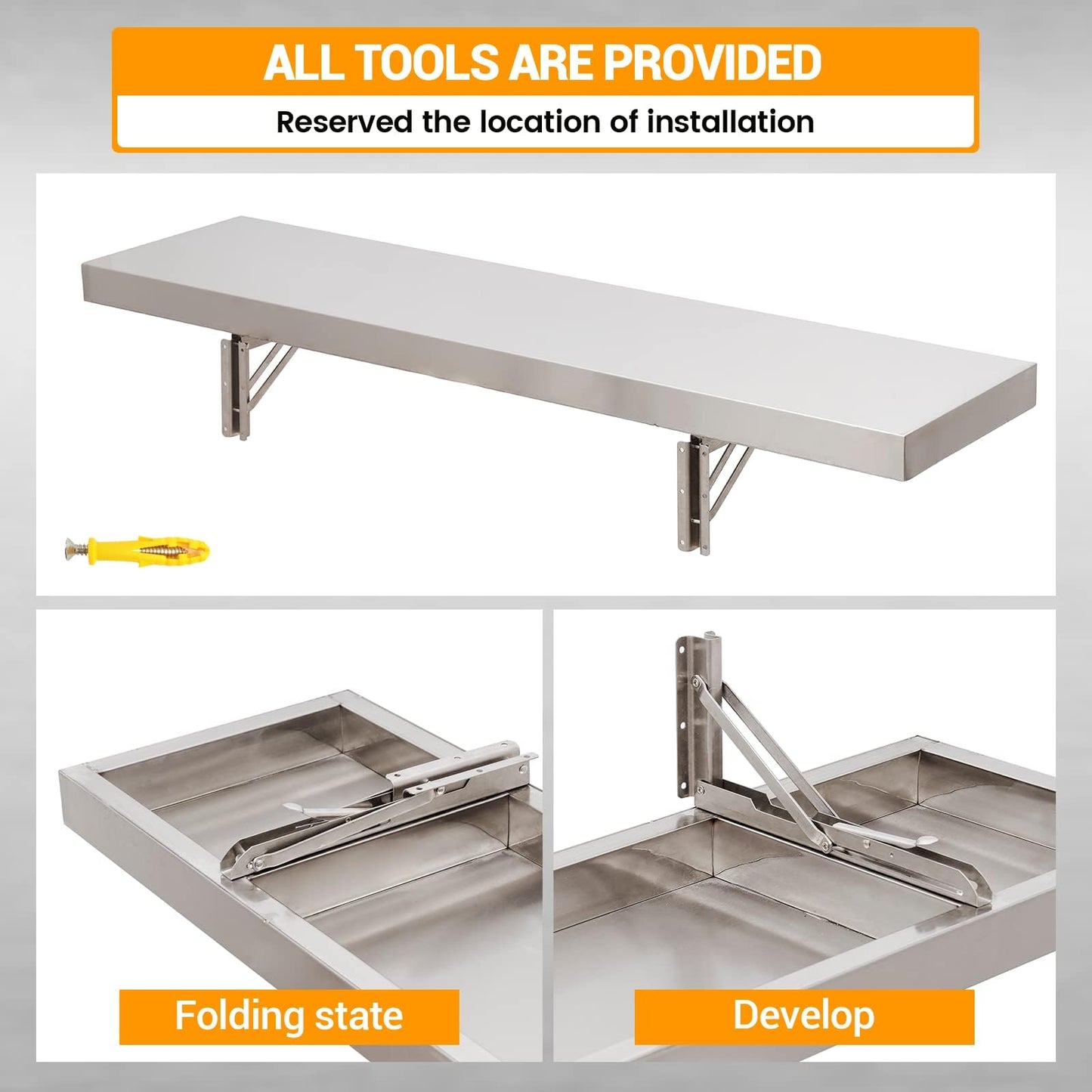 SWOTCATER Stainless Steel Folding Concession Shelf 2 Pack 12" x 48", Drop Down Folding Wall Shelves, Heavy Duty Foldable Wall Mount Shelving for Concession Windows, Food Truck