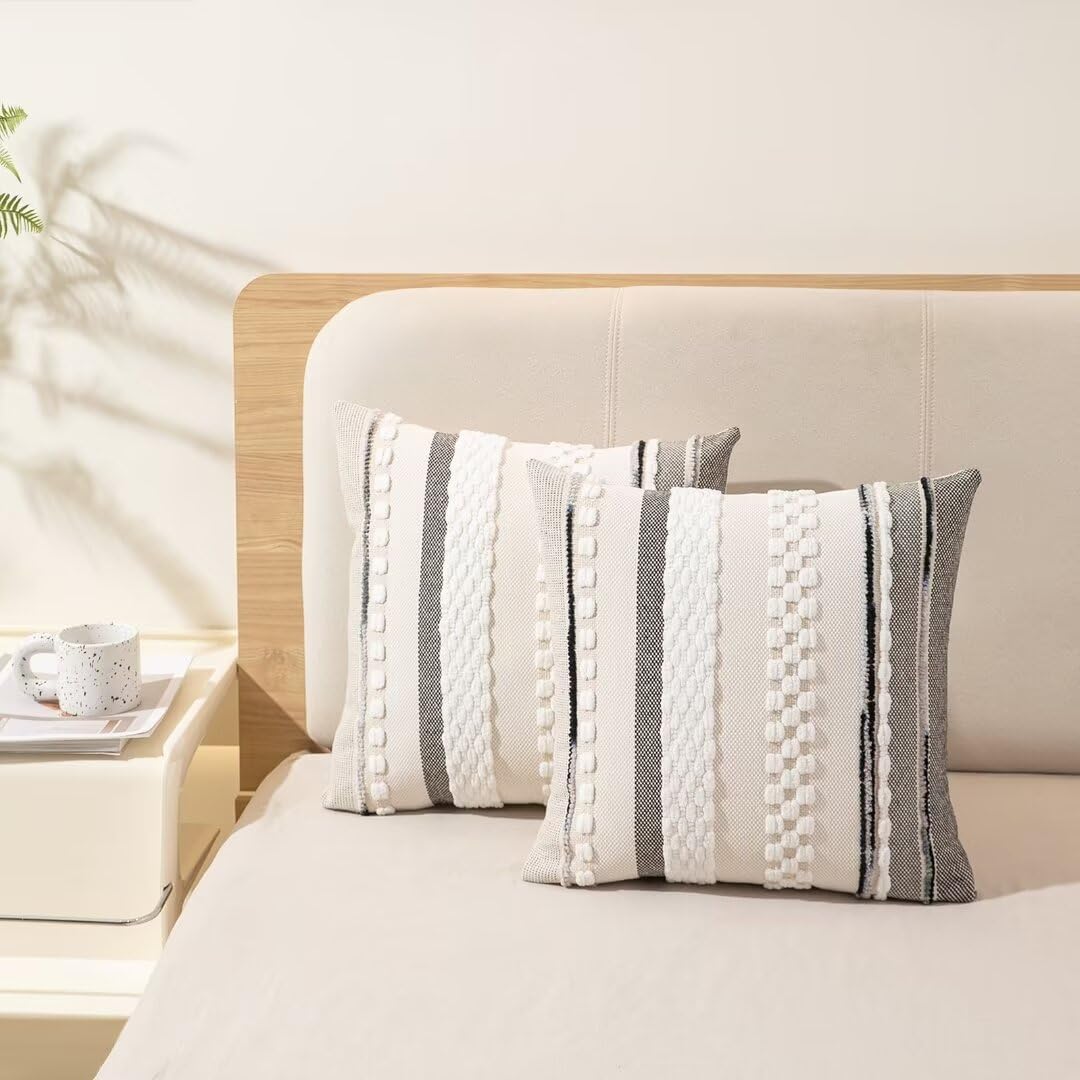 Boho Throw Pillow Covers 18x18 Set of 2 Farmhouse Decorative Cushion Case Striped Square Pillows Cover Chenille Pillow Cases Accent Neutral Pillowcase for Sofa Couch Bed,Sky Blue
