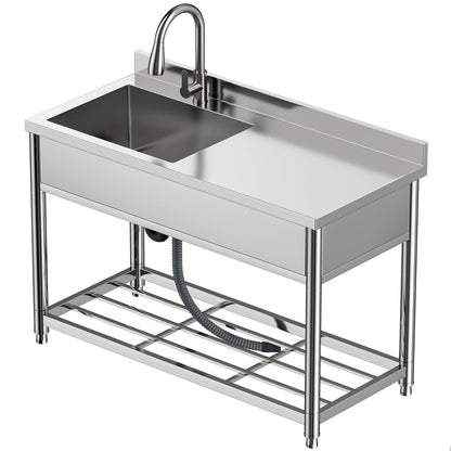 GGW Commercial Sink with Drainboard, Stainless Steel Utility Sink with Pull-out Faucet, Free Standing Single Bowl Kitchen Sink with Workbench for Restaurant, Garage, Outoor, 21.7"D x 47.2"W x 37"H