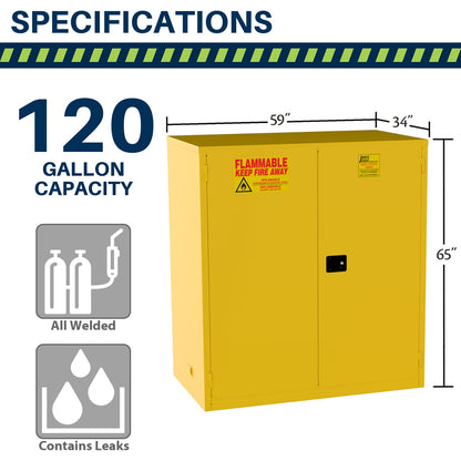 Jamco 120 Gallon Flammable Safety Cabinet, Steel Flammable Storage Cabinet with Lockable Manual Closing Doors, Non Forkliftable, 59" x 34" x 65", Yellow
