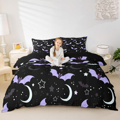 Halloween Bat Duvet Cover Set King Size Cute Moon Starry Night Sky Bedding Set 3Pcs Purple Black White Comforter Cover for Kids Girls Boys Room Decor Kawaii Cartoon Animal Quilt Cover,2 Pillowcases