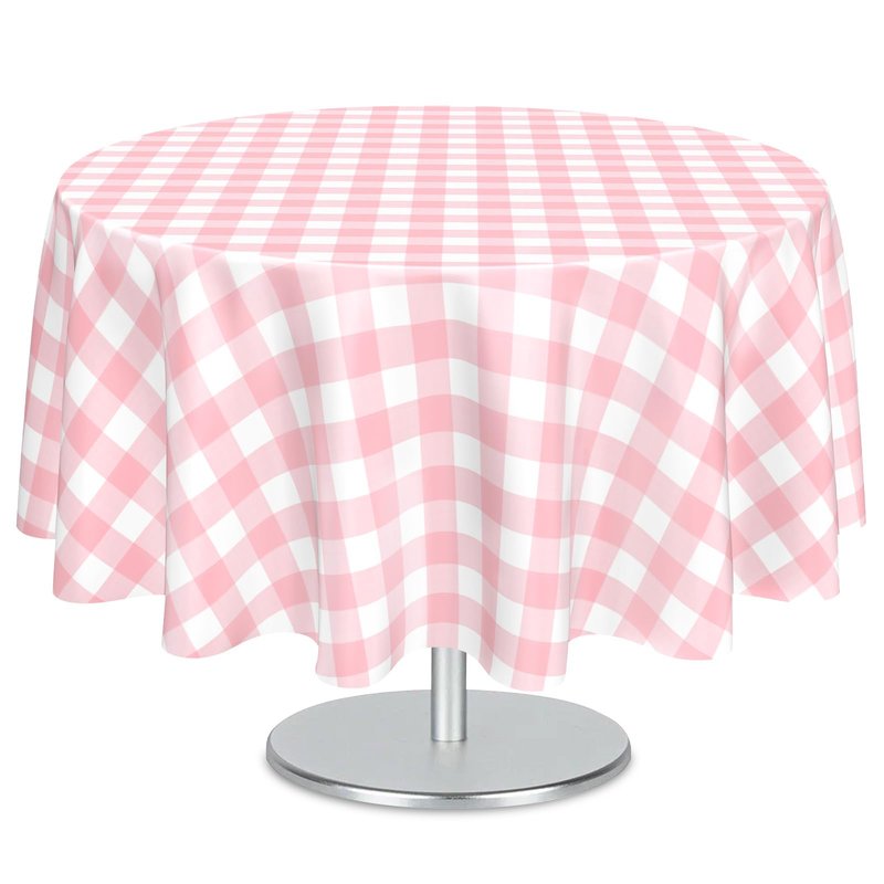 Mulbozy 2 Pcs Pink Gingham Round Tablecloth, 84 inches Disposable Plastic Pink and White Checkered Circle Table Covers for Baby Shower Wedding Bridal Shower Birthday Party Decorations