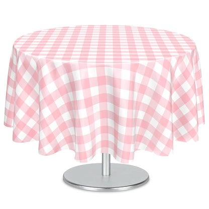 Mulbozy 2 Pcs Pink Gingham Round Tablecloth, 84 inches Disposable Plastic Pink and White Checkered Circle Table Covers for Baby Shower Wedding Bridal Shower Birthday Party Decorations