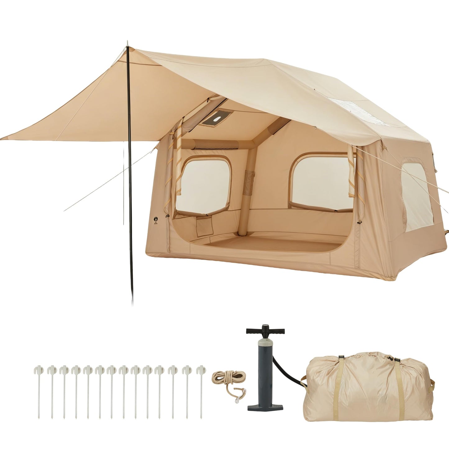 Inflatable Tents for Camping, Blow Up Tent for 3-6 People, Blow Up Camping Tent with Hand Pump, 5-Min Setup Air Tent with Stove Jack, Waterproof Oxford Family Glamping Tent