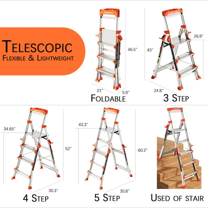 LANBITOU Ladder, Aluminum 5 Step Ladder with Handrails, Anti-Slip Wide Pedal, Tool Platform, Folding Step Stool Step Ladder for Stairs Home Outdoor Work, Lightweight-Portable, 330lbs-Capacity,
