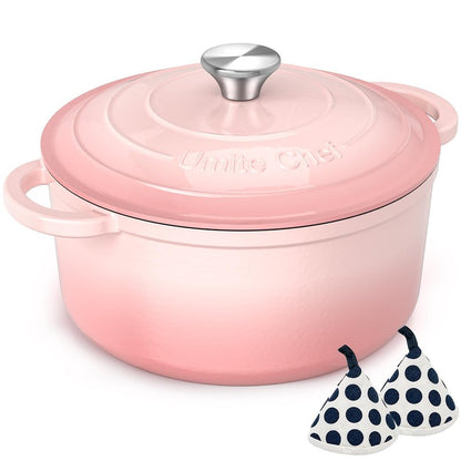 Umite Chef Enameled Cast Iron Dutch Oven-7QT Pot with Lid Cookbook & Cotton, Heavy-Duty Cookware for for Bread Baking, Braising, Stews, Marinate, Cook(Pink)