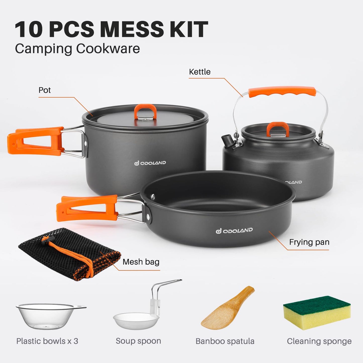 Odoland Bundle - 2 Items 10pcs Camping Cookware and Portable 2 Burner Camping Stove