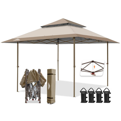 EAGLE PEAK 13x13 Straight Leg Pop Up Canopy Tent Instant Outdoor Canopy Easy Single Person Set up Folding Shelter w/Auto Extending Eaves 169 Square Feet of Shade (Beige)