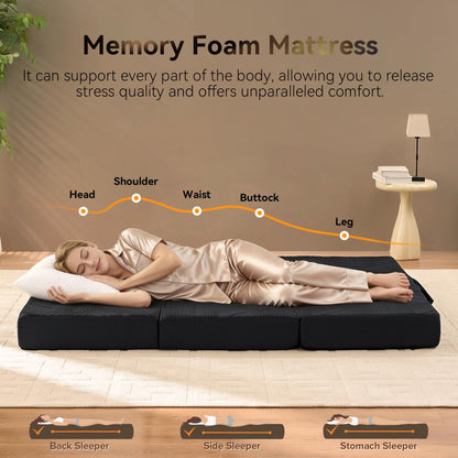 Housiney Memory Foam Foldable Mattress, 4 Inch Trifold Mattresses Full, Mattress Topper, Washable Cover, Handles, Non-Slip Bottom for Guest Bed, Yoga and Camping Mat, 73"x 52" x 4", Black